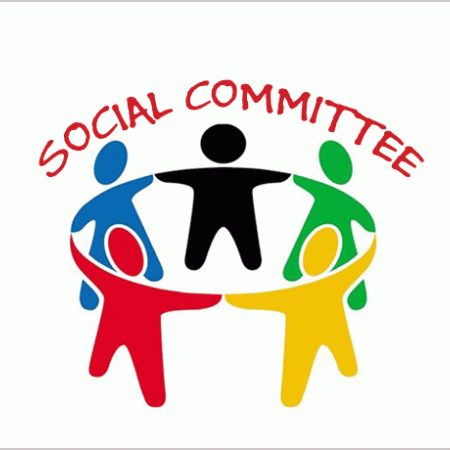 Colourful cartoon characters holding hands in a circle with "Social Committe" banner overhead